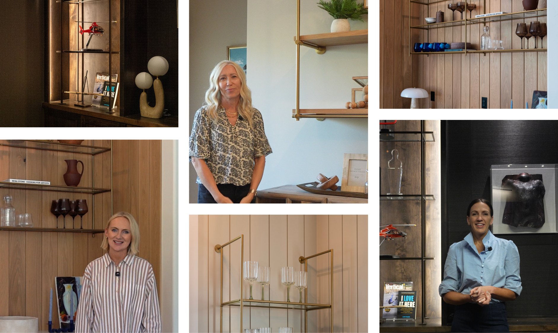 Collage of interior designers styling spaces with Iron Abode shelving